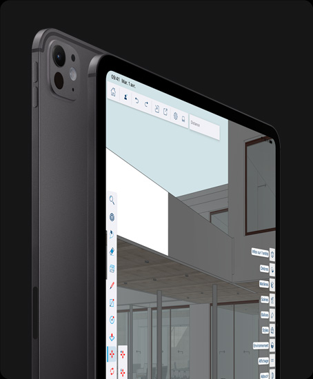 Un iPad Pro, face arrière, orientation portrait, noir infini, système caméra pro, bouton d’augmentation du volume, bouton de réduction du volume, un iPad Pro, face avant, orientation portrait, noir infini, bordure d’écran noire, coins arrondis, écran affichant une app de retouche de design graphique, avec des outils et des effets dans les menus ouverts à gauche et à droite