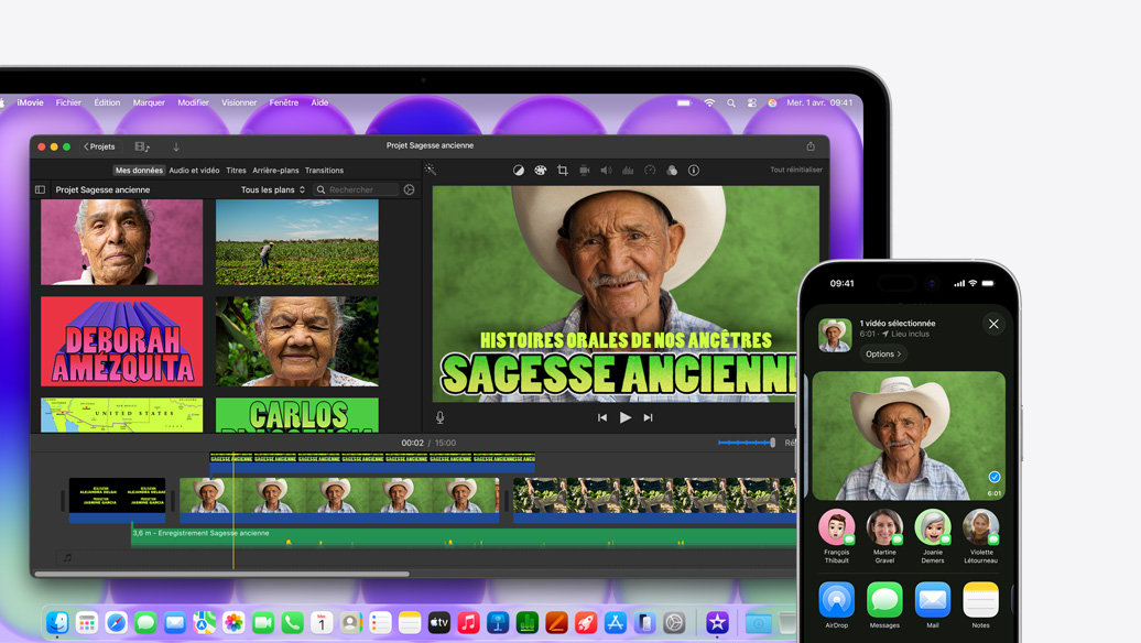 Un MacBook Neo, argent, affichant un projet iMovie intitulé Projet Sagesse ancienne, à côté d’un iPhone montrant la vidéo d’une des personnes présentes dans le projet iMovie, sous la vidéo se trouve une liste d’options de partage, dont AirDrop