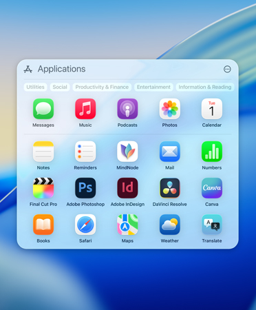 El menú de navegación de Spotlight muestra apps con filtros de categoría: Utilidades, Redes Sociales, Productividad y Finanzas, Entretenimiento e Información y Lectura