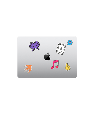 MacBook Air, parte superior, cerrada, color plata, con stickers de varios colores alrededor del logo de Apple