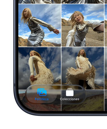 Esquina inferior izquierda de un iPhone que muestra un menú de la app Fotos con las pestañas Biblioteca y Colecciones con el nuevo diseño con Liquid Glass