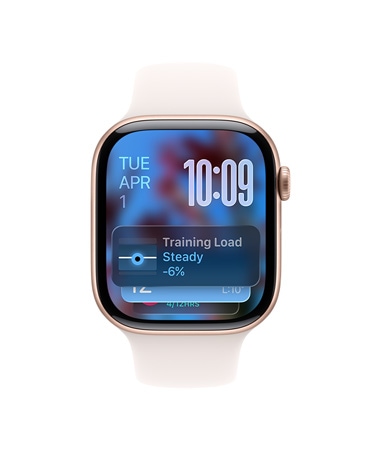 Apple Watch Series 11, růžově zlatá barva, hliníkové pouzdro, doporučení Chytré sady, světle ruměný sportovní řemínek
