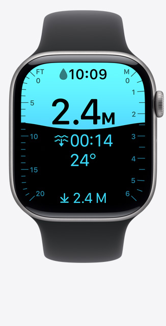 Apple Watch Series 11, hliníkové pouzdro, růžově zlatá barva, obrazovka aplikace Hloubka, ponor do hloubky dvou a půl metru