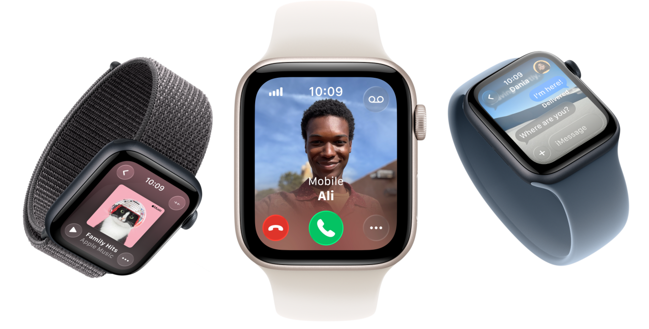 Apple Watch SE 3 seadmed, alumiiniumkorpused, värvid tähevalge ja öösinine, Sport Loop, tumehall, Solo Loop, heleroosa, Solo Loop, ankrusinine, ekraanid: Apple Music, sissetulev kõne, sõnumid