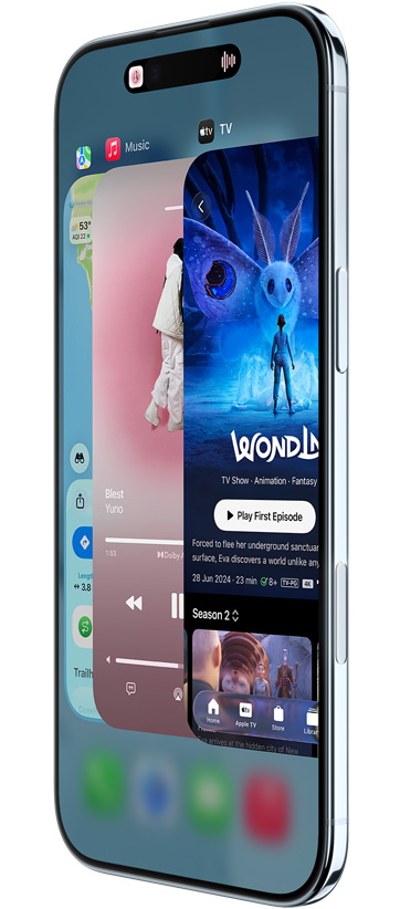 iPhone Air, vist forfra og fra siden med apps som Kort, Musik og Apple TV+ for at demonstrere Appskifter-funktionen i brug
