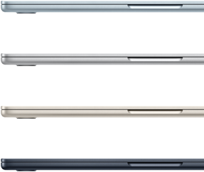 Πλάγιες εξωτερικές όψεις από τέσσερα laptop MacBook Air, οι οποίες παρουσιάζουν τέσσερα διαφορετικά φινιρίσματα