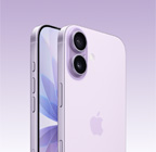 iPhone 17 u boji lavande, prikaz vanjskog izgleda prednje strane uređaja i stražnje strane uređaja pod kutom, sustav s dvojnom kamerom Fusion u gornjem lijevom kutu, tipka kontrole kamere, prikaz prednje strane uređaja koju potpuno prekriva zaslon, tipka postupka i bočne tipke za glasnoću