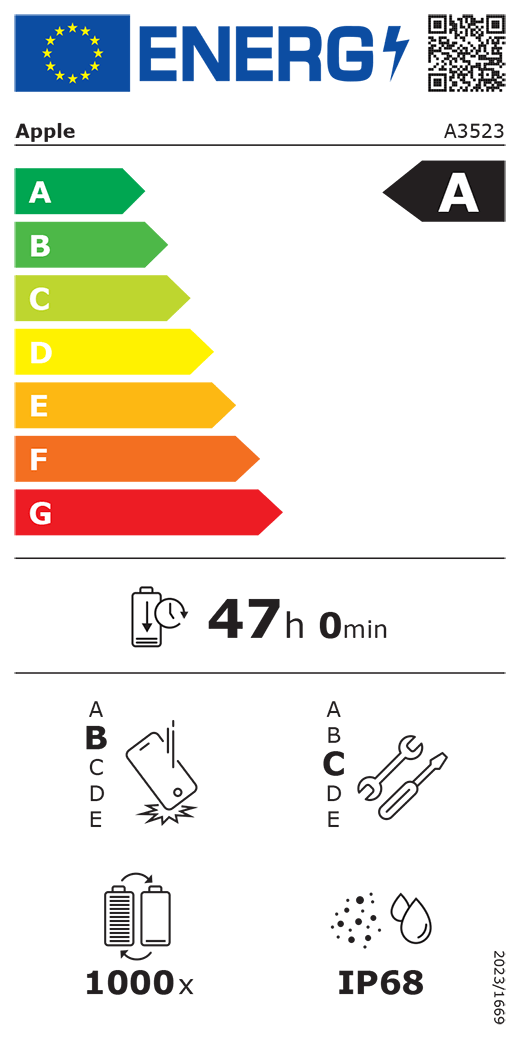 Európai uniós energiacímke QR-kóddal és információkkal. Az A3523-as Apple-modell A osztályú az energiahatékonysági osztályok A-tól (leghatékonyabb) G-ig (legkevésbé hatékony) terjedő skáláján. Az akkumulátor ciklusonkénti tartóssága 47 óra és 0 perc (teljesen feltöltött akkumulátorról). A termék B osztályú az ismételt leejtés elleni védelem A-tól (legellenállóbb) E-ig (legkevésbé ellenálló) terjedő skáláján és C osztályú a javíthatóság A-tól (leginkább javítható) E-ig (legkevésbé javítható) terjedő skáláján. Az akkumulátor tartóssága 1000 ciklus. IP68-as por- és vízállósági besorolás, 2023/1669-es rendelet.
