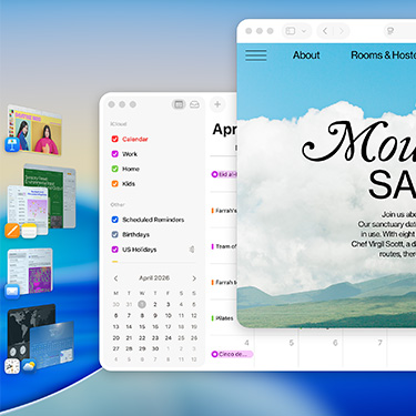 Beberapa jendela dan aplikasi ditampilkan di layar, termasuk Keynote, Pages, Mail, dan situs web yang memperlihatkan konten tentang tempat retret yang tenang.