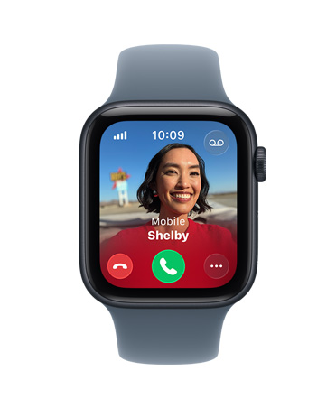 Apple Watch SE 3, aluminium case, midnight colour, incoming call, contact photo, accept and decline call buttons, right side exterior, Digital Crown, Sport Band, anchor blue colour