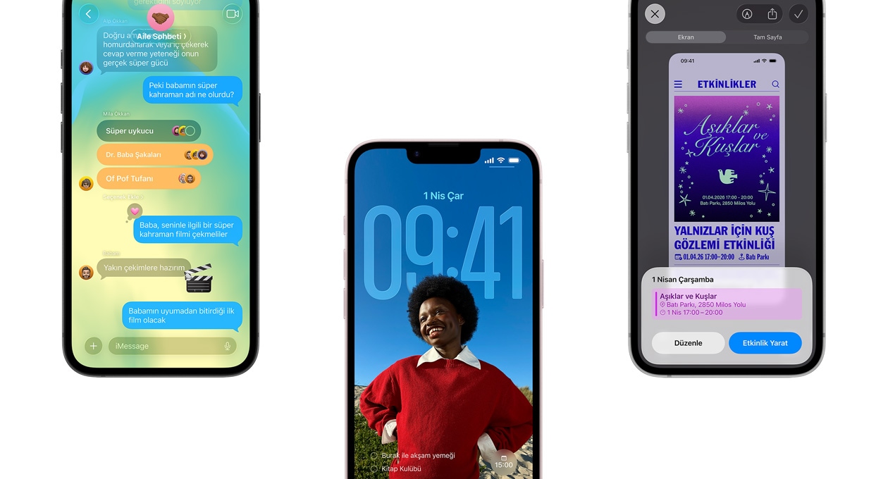Üç adet iPhone 17e aygıtı, ekranında Liquid Glass tasarımlı Mesajlar uygulaması, dinamik Kilit Ekranı ve Takvim etkinliğinin kullanıldığı ekran görüntüsü özelliği gösteriliyor