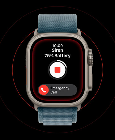Apple Watch Ultra 3, natural colour, titanium case, activated Siren screen, stop and SOS Emergency Call buttons, strap, anchor blue Alpine Loop