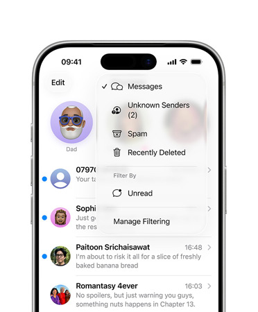 iPhone, top two-thirds only, screen shows Messages app with the new screening tools overlay menu feature