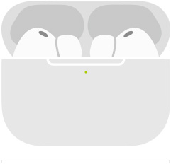 رسم تخطيطي لسماعات AirPods Pro 3‏ داخل علبة شحن MagSafe ‏(USB‑C)، الجانب الخارجي من العلبة المدوّرة، مؤشر طاقة LED، غطاء العلبة مفتوح، مقاس العرض موضح بالإنش والمليمتر