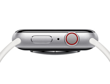 Apple Watch, kleur zilver, rechterkant, zijknop, opening microfoon, Digital Crown