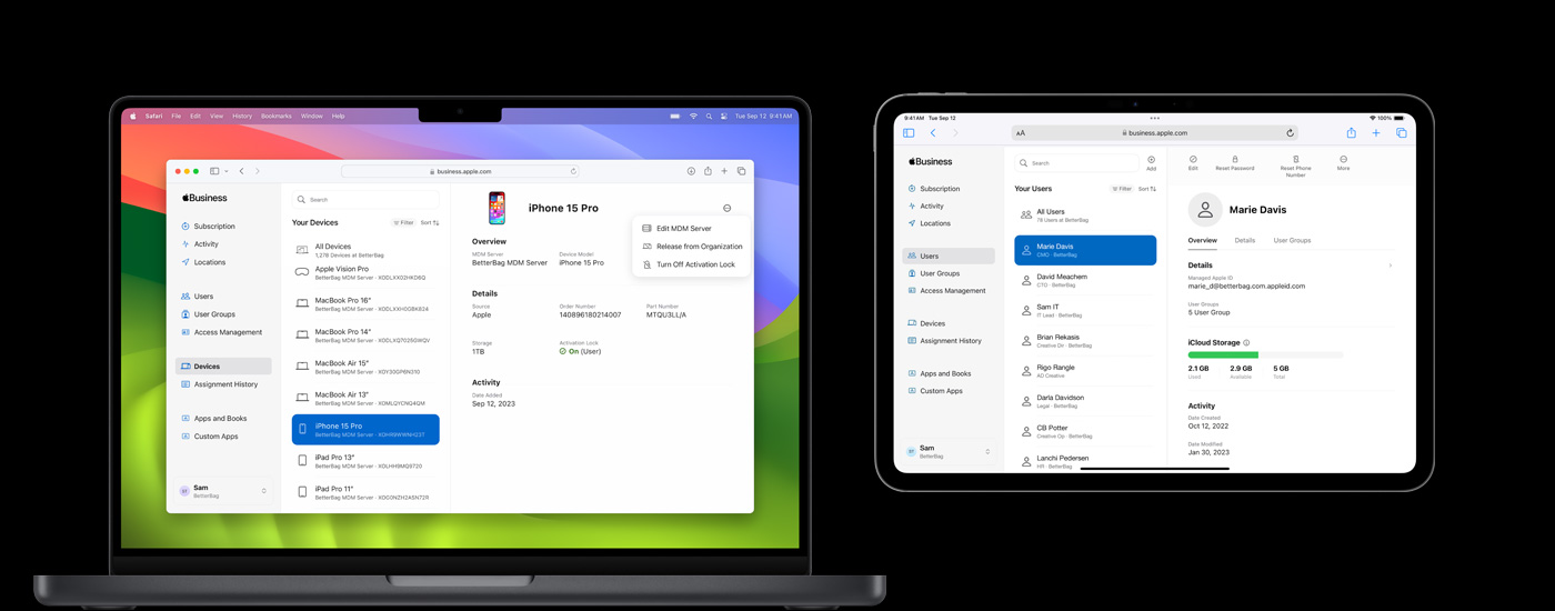 Mac, iPhone i iPad wyświetlające ekran zarządzania zasobami.