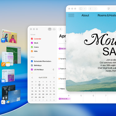 Multiple windows and apps displayed on macOS Tahoe screen including Keynote, Pages, Mail, and a website featuring content about a serene sanctuary. Intuitive design User very friendly.