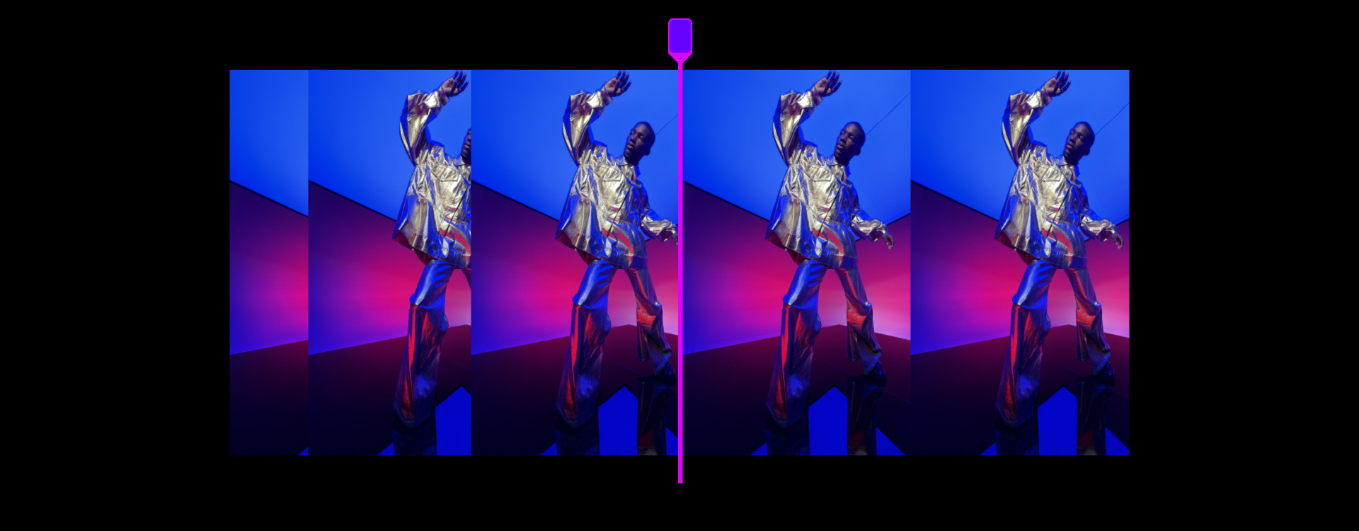 Varios fotogramas de un bailarín con traje plateado sobre un fondo azul y rojo