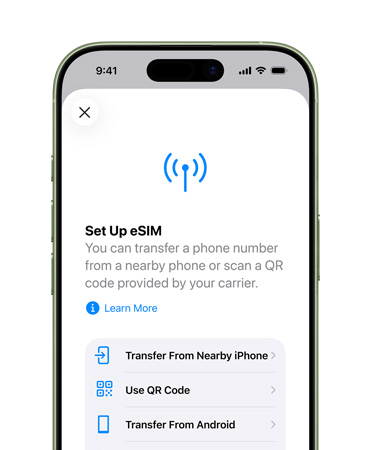 iPhone 17 vist forfra med funktionen Indstil mobilnetværk, der bruges til nemt at overføre et telefonnummer med eSIM