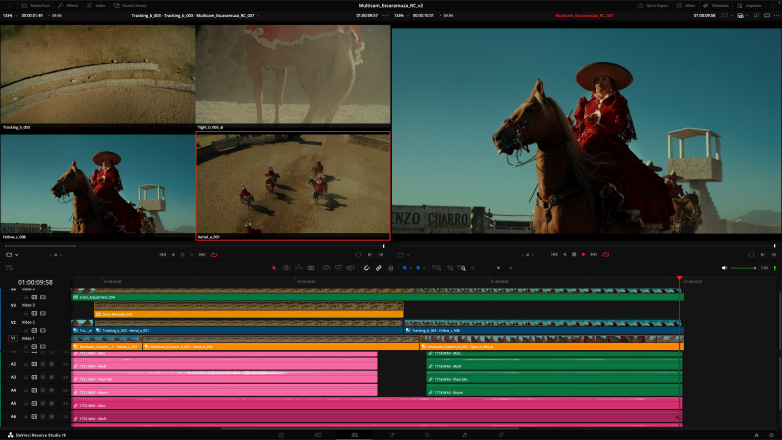 Studio Display og Mac Studio, der viser redigering af video optaget med flere kameraer i DaVinci Resolve Studio