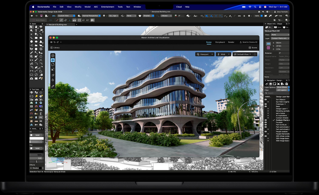 Ecrã do MacBook Pro a mostrar o Vectorworks Design Suite com Maxon Redshift