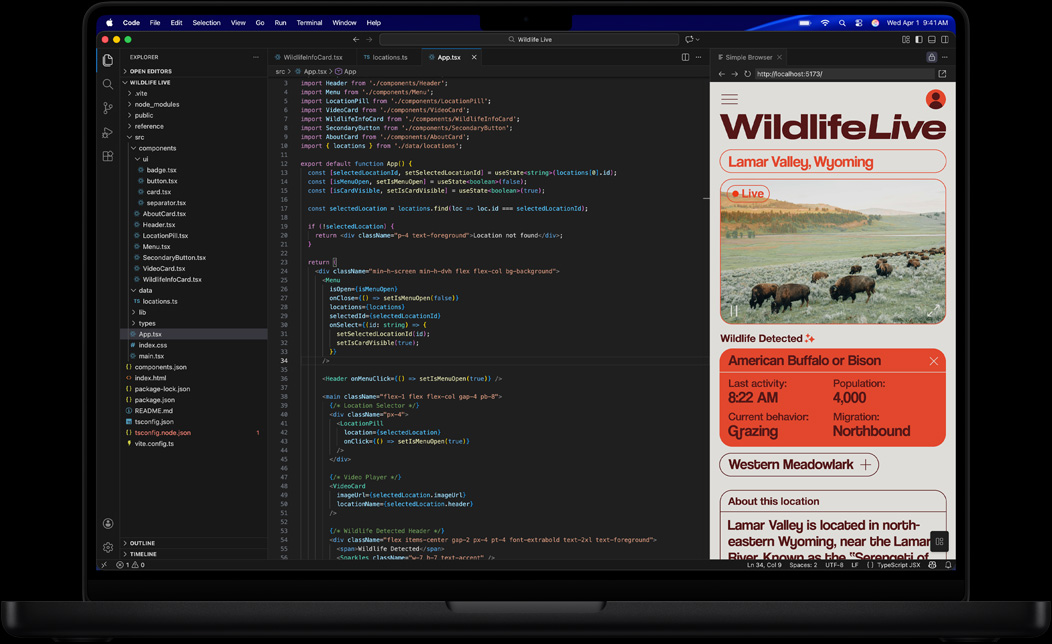 Ecrã do MacBook Pro a mostrar a programação de uma app no Visual Studio Code