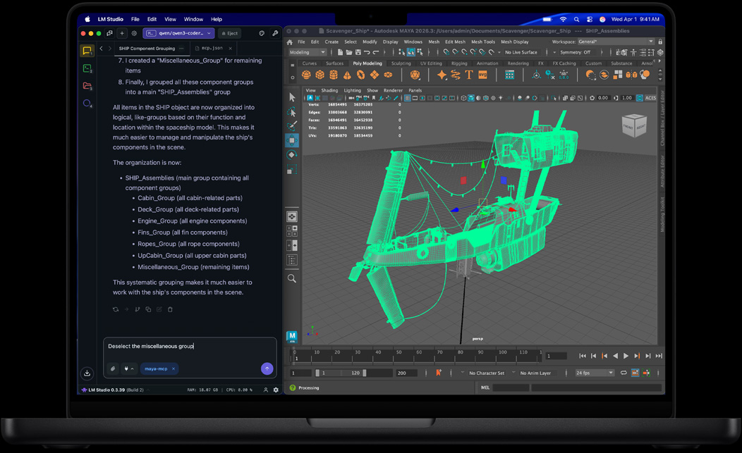 Ecrã do MacBook Pro a mostrar o LM Studio e o Autodesk Maya
