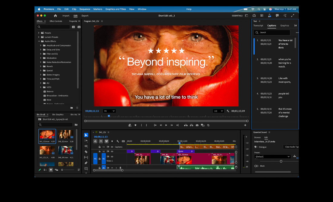 Ecrã do MacBook Pro com a edição de um filme intitulado Eternal Play no Adobe Premiere