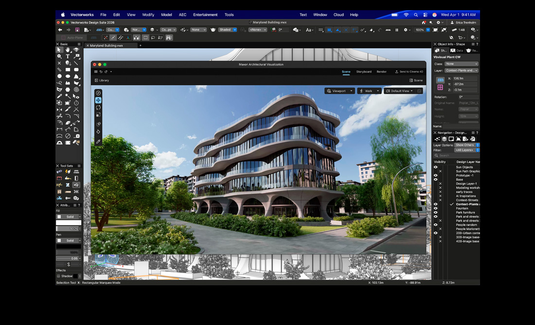 Ecrã do MacBook Pro a mostrar o Vectorworks Design Suite com Maxon Redshift