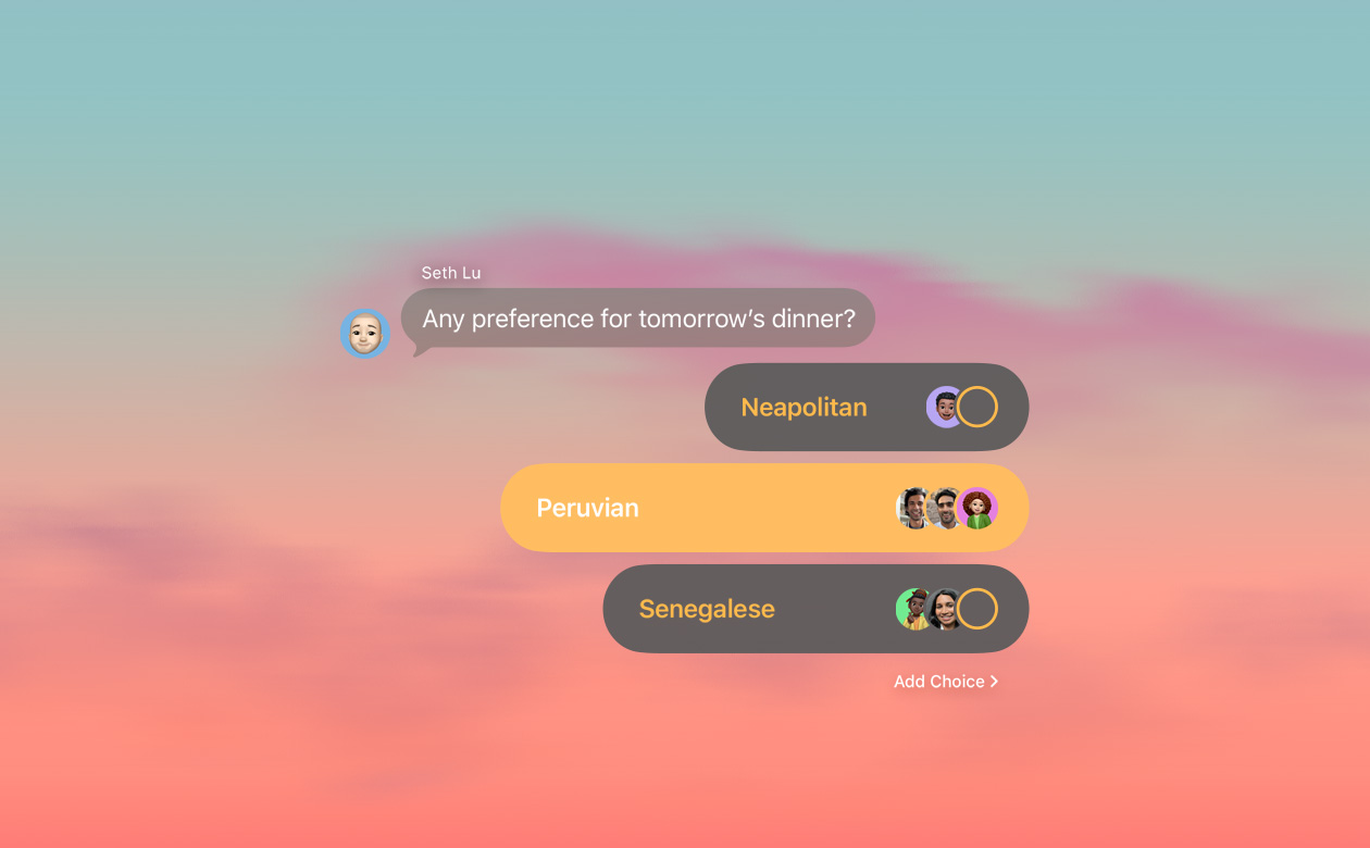 Sondages et arrière-plans dans Messages montrant des personnes qui votent dans le chat de groupe sur ce qu’elles préfèrent manger pour le dîner