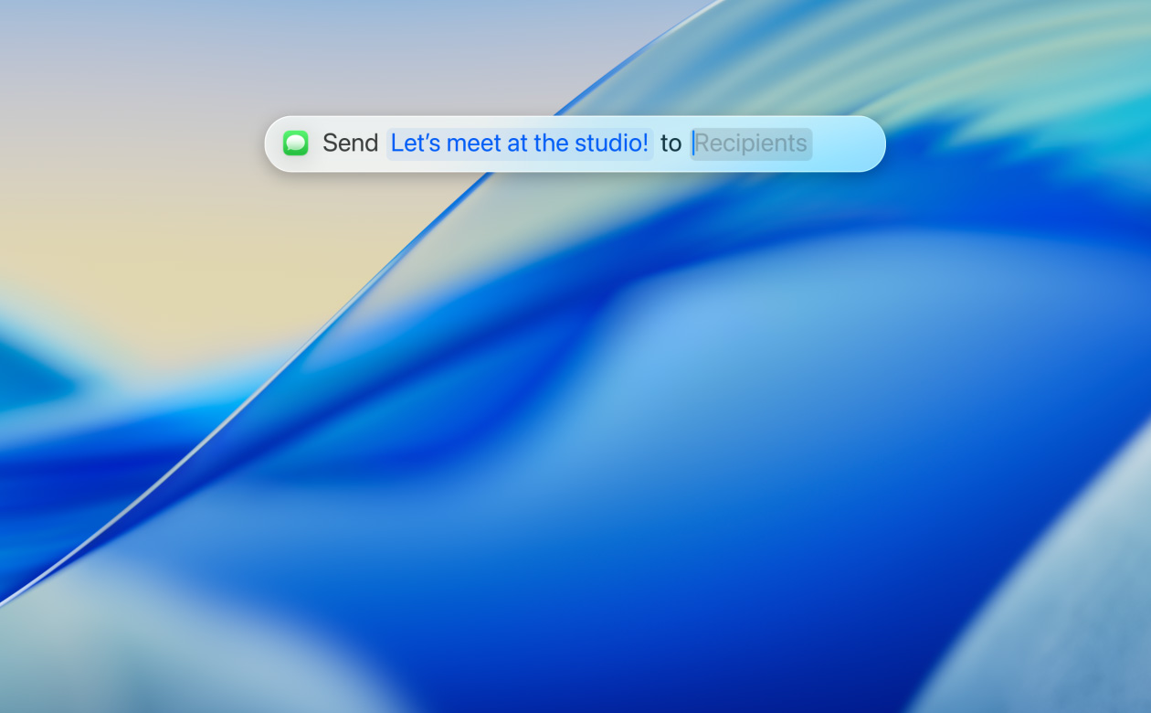 Primer plano de la app Spotlight con el nuevo fondo translúcido. Un usuario utiliza la app Mensajes para enviar un mensaje de texto a uno de sus contactos