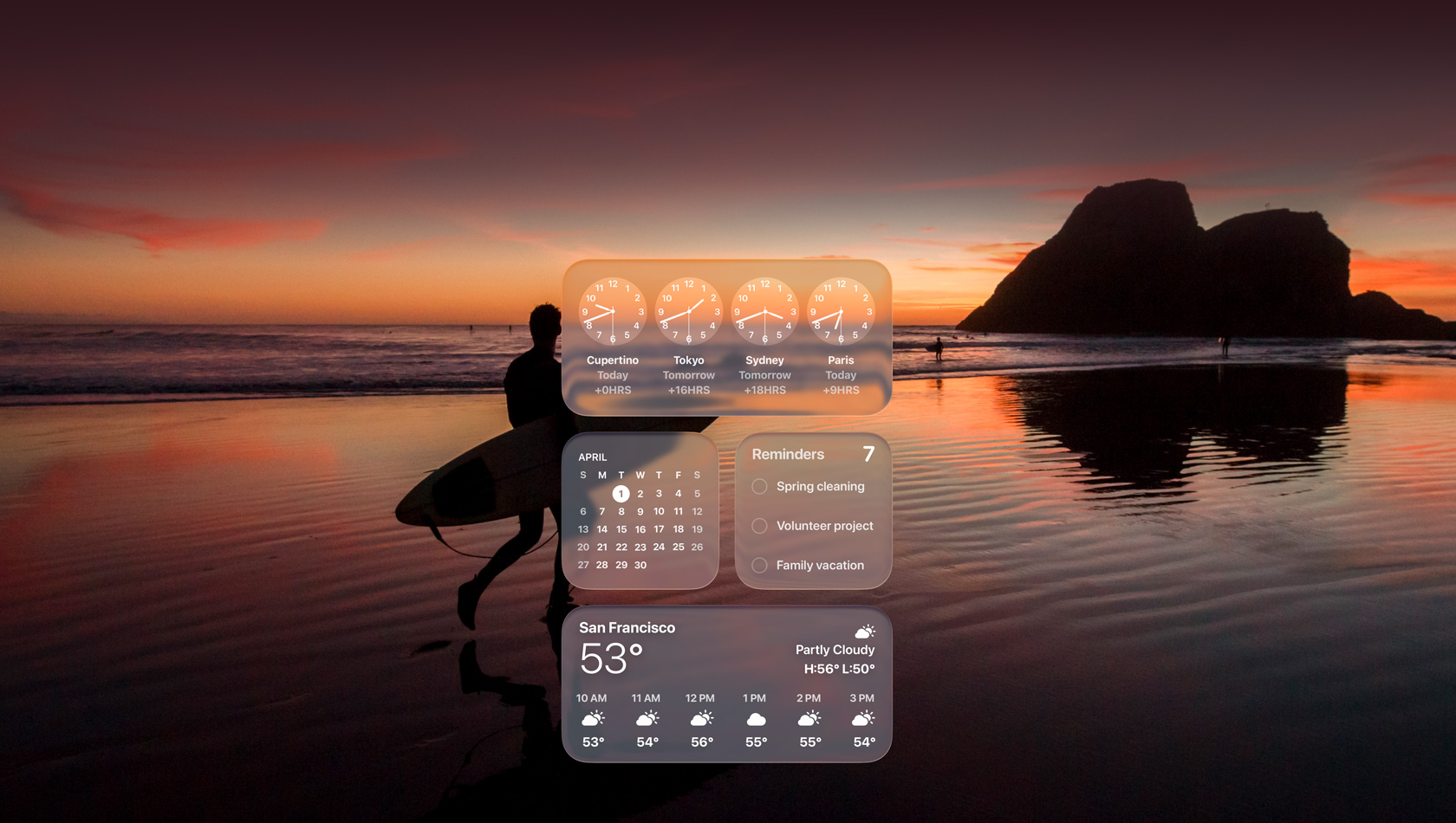 Widgets de Reloj, Calendario, Recordatorios y Tiempo en Liquid Glass sobre una imagen de un surfista que pasea por la playa al atardecer