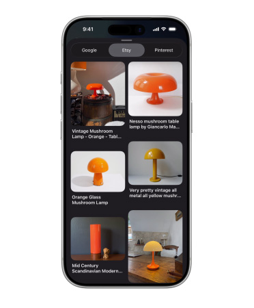 iPhone’da Etsy’deki farklı mantar lambaları içeren çoklu görsel görünümü gösteriliyor; yanında Google ve Pinterest sekmeleri yer alıyor