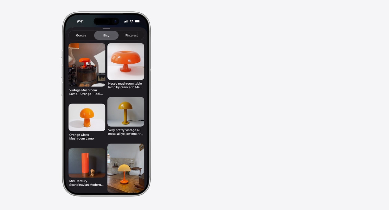 iPhone’da Etsy’deki farklı mantar lambaları içeren çoklu görsel görünümü gösteriliyor; Etsy sekmesinin yanında Google ve Pinterest sekmeleri yer alıyor
