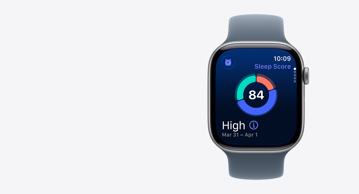 Apple Watch Series 11, space grey, urkasse i aluminium, søvnresultat på skærmen