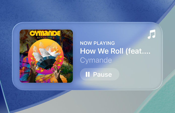 Skærmbaggrunden kan anes igennem de transparente betjeningsfunktioner i Apple Music