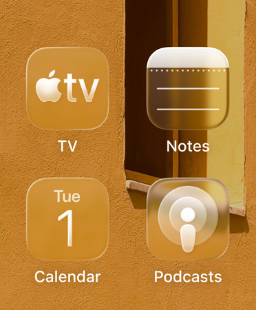 Liquid Glass app icons, including Apple TV, Notes, Calendar, and Podcasts, tinted with color to complement wallpaper image